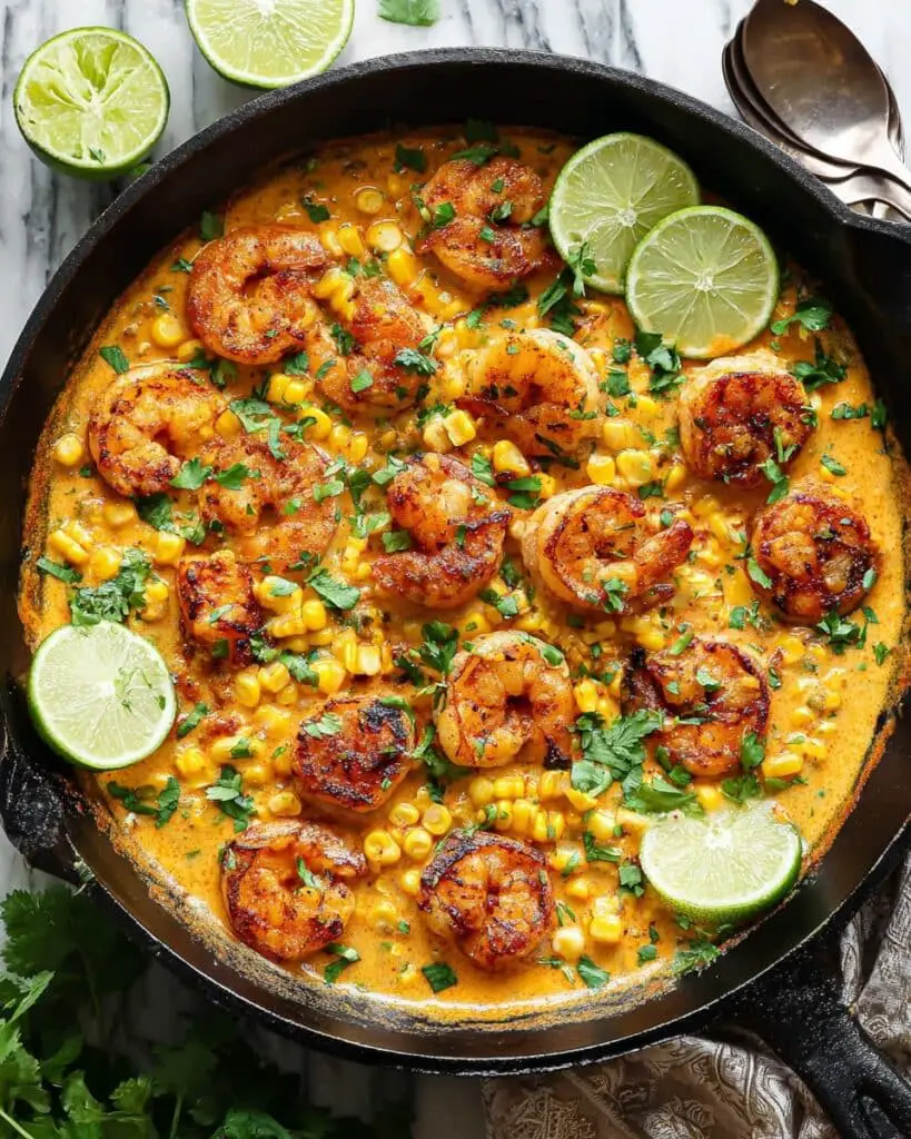 Shrimp and Creamed Corn Skillet with Feta and Lime Recipe