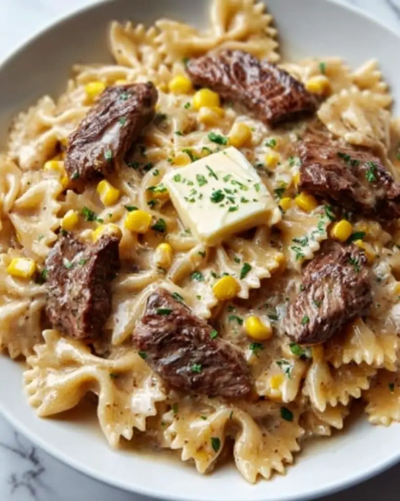 Creamy Parmesan Steak & Sweet Corn Bowtie Recipe