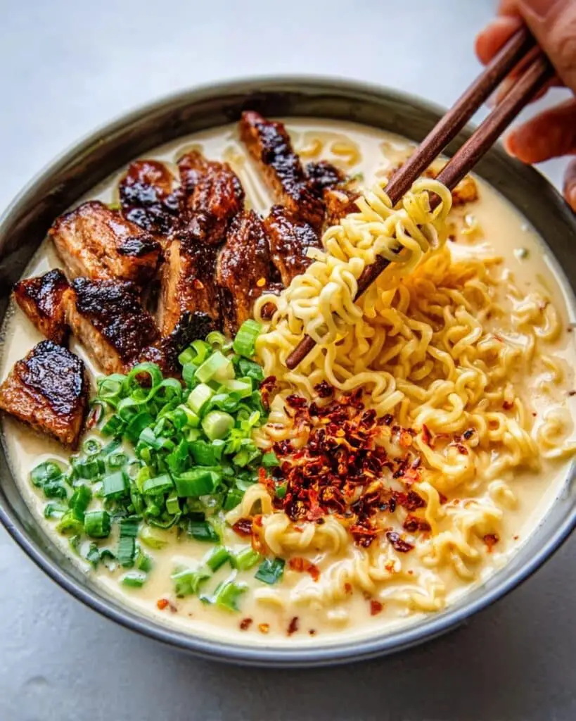 Fiery Chicken Ramen with Creamy Garlic Sauce Recipe