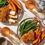Crispy Dijon-Crusted Chicken Thighs with Roasted Sweet Potato Wedges and Green Beans Recipe