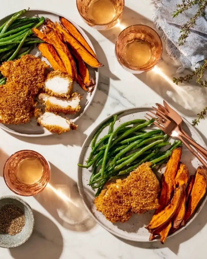 Crispy Dijon-Crusted Chicken Thighs with Roasted Sweet Potato Wedges and Green Beans Recipe