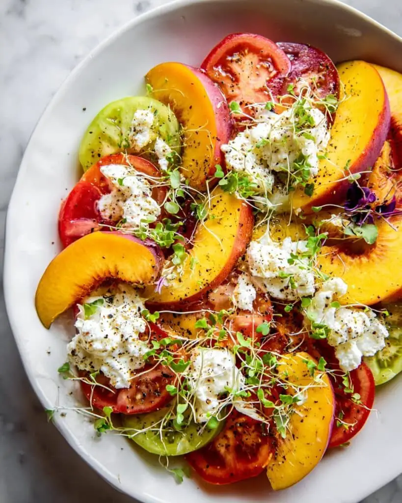 Tomato, Peach, & Burrata Salad with Hot Honey Sauce Recipe