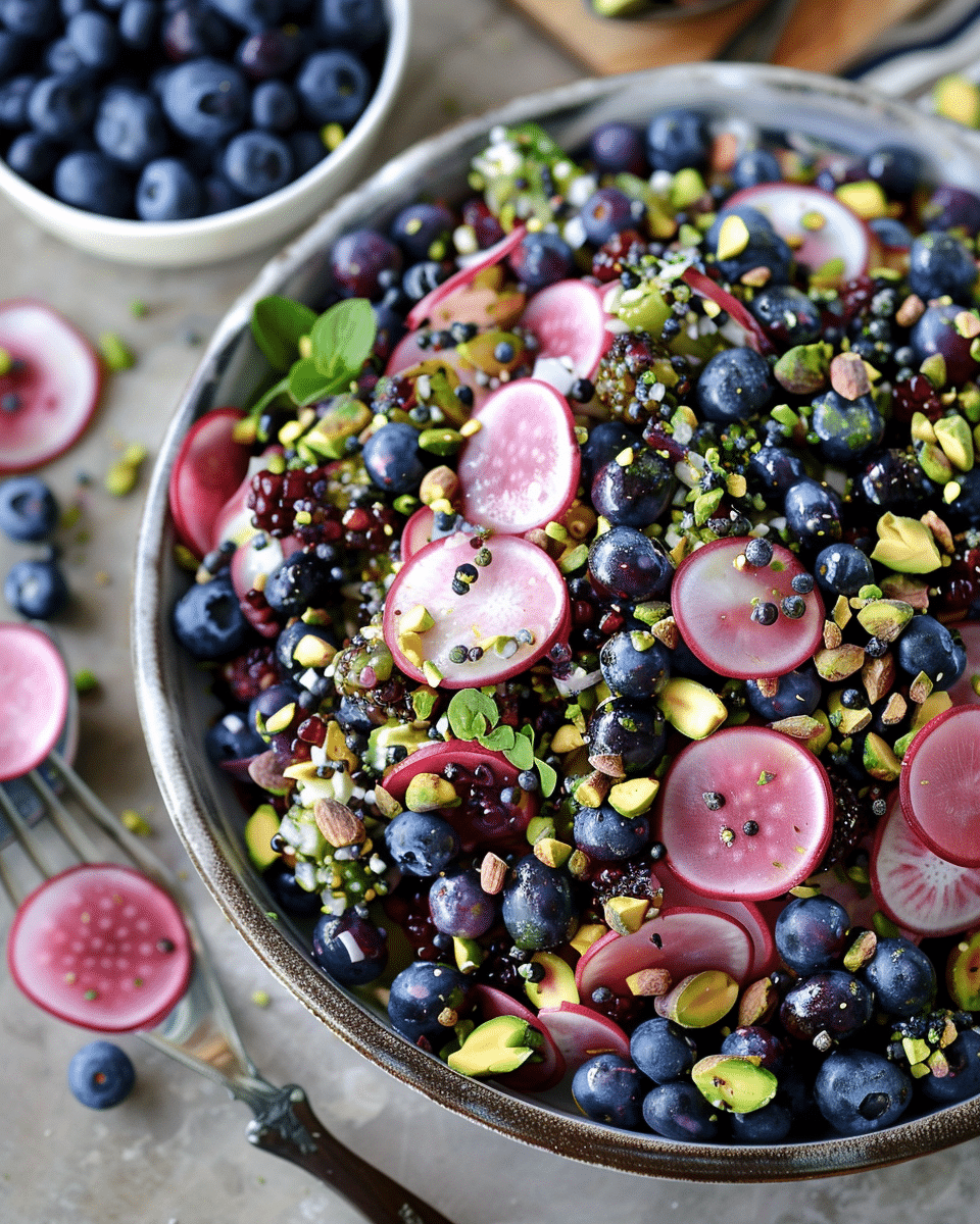 Blueberry and Pistachio Spring Salad with Pomegranate Honey Dressing