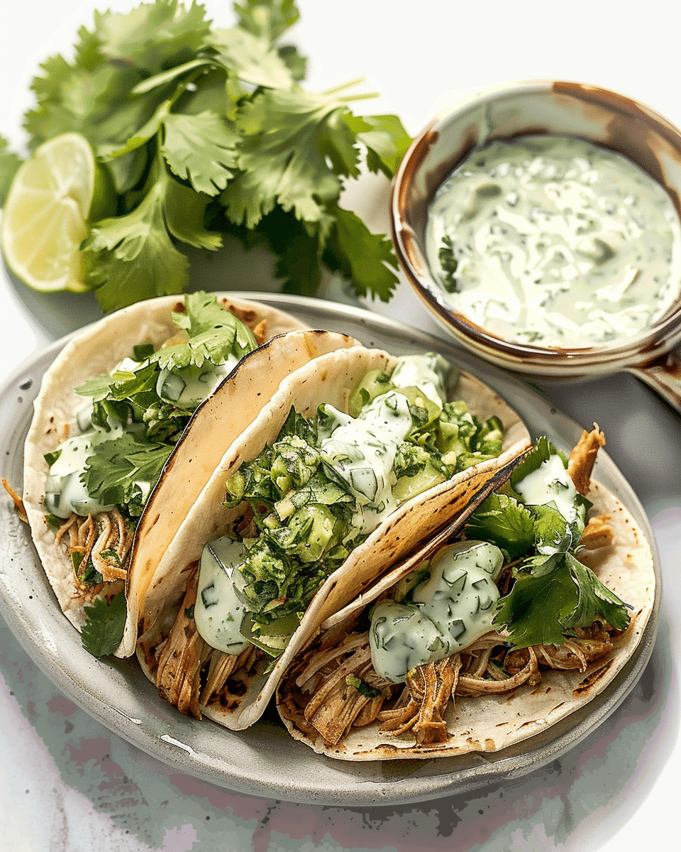 Shredded Chicken Tacos with Creamy Chimichurri Sauce