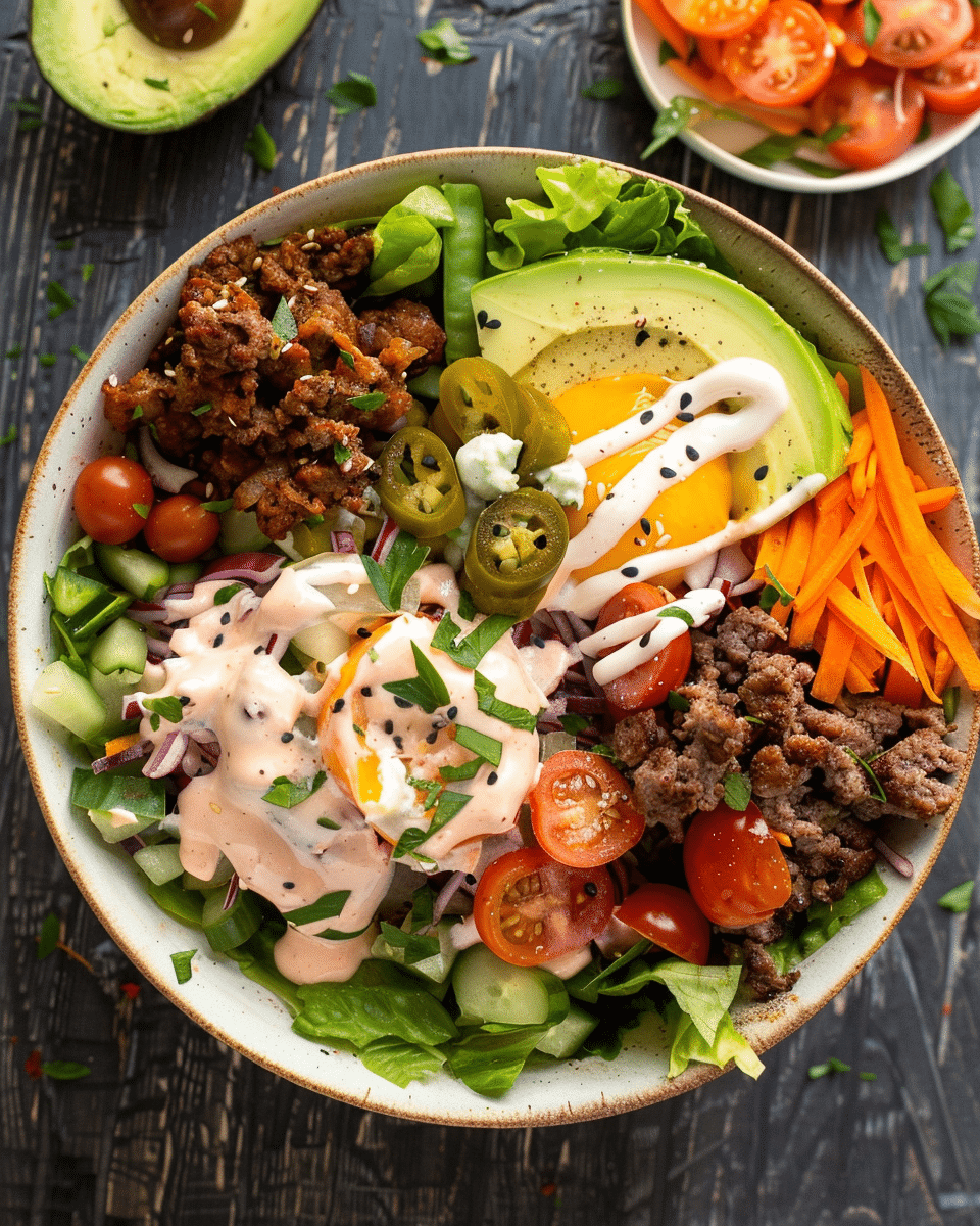 Fully Loaded Burger Bowl with “Special Sauce”