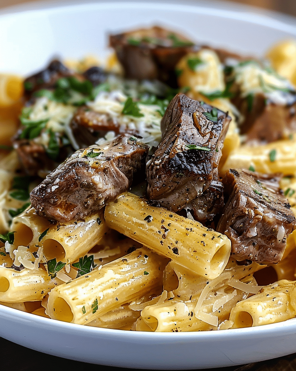 Garlic Butter Steak Tips with Cheesy Rigatoni