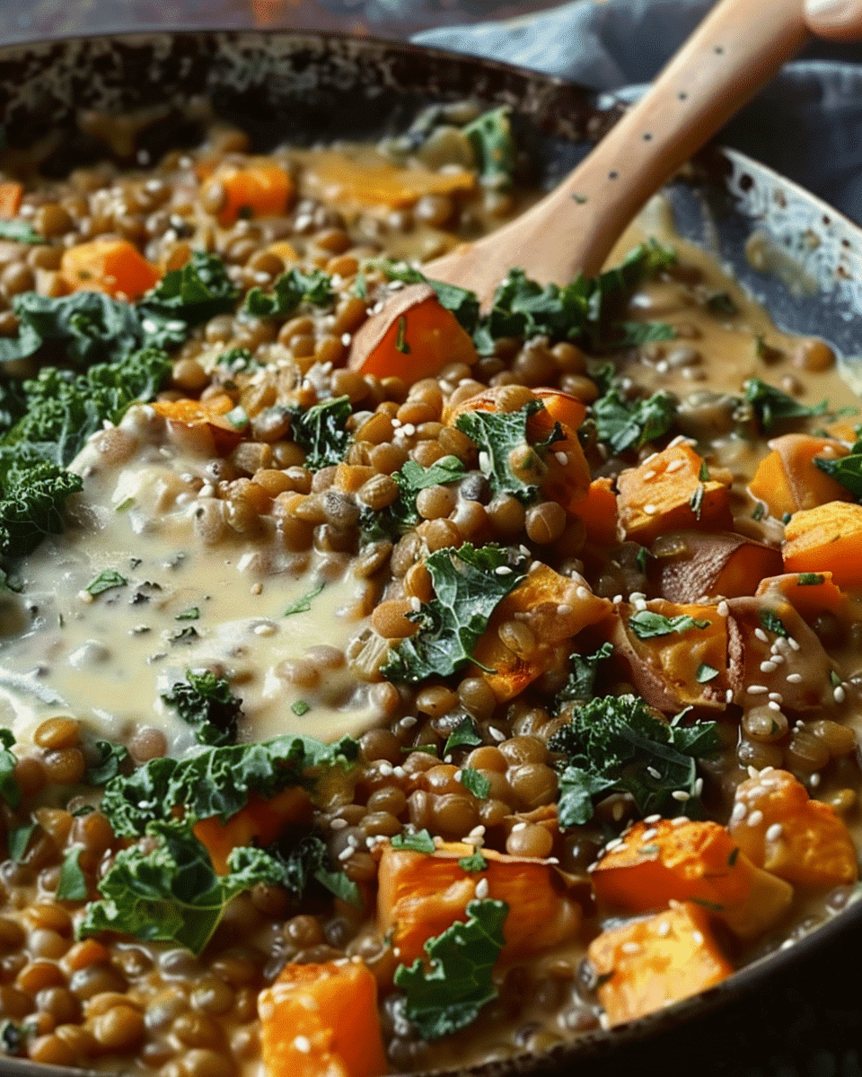 One Pan Creamy Lentils, Japanese Sweet Potatoes, + Kale