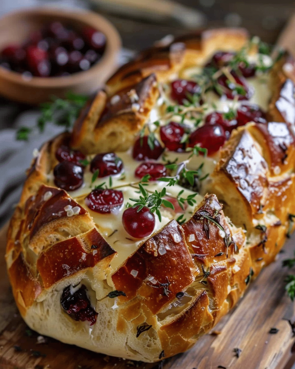 Garlic Herb Sourdough Bread Stuffed with Brie & Cranberry