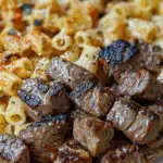 Cajun Steak Tips in Cheesy Rigatoni Parmesan Sauce