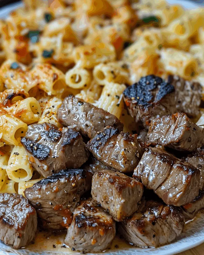 Cajun Steak Tips in Cheesy Rigatoni Parmesan Sauce