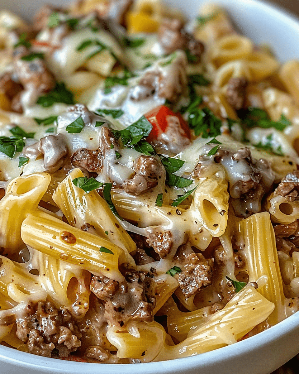 Crockpot Philly Cheesesteak Pasta Casserole