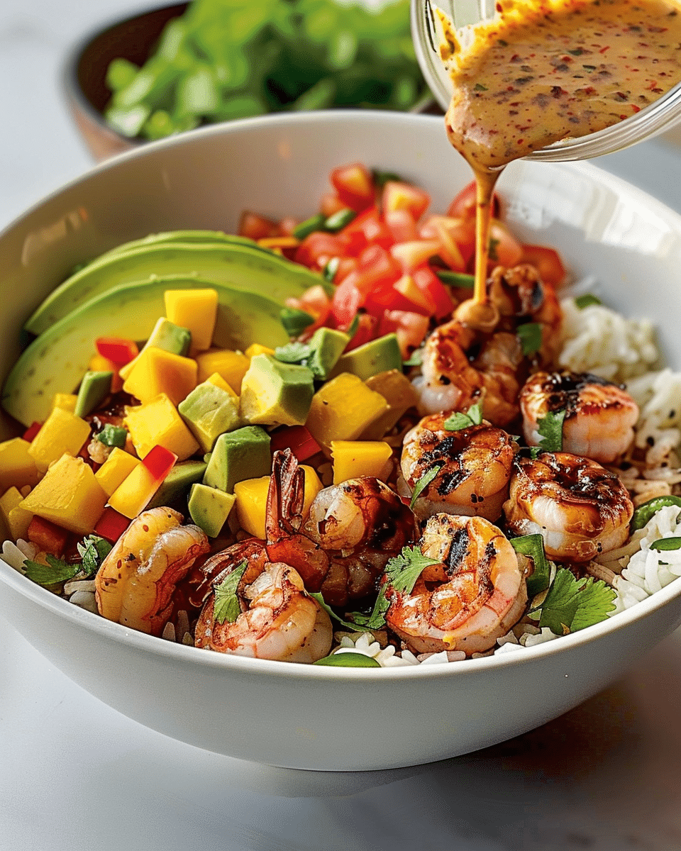 Shrimp and Avocado Bowls with Mango Salsa & Lime-Chili Sauce