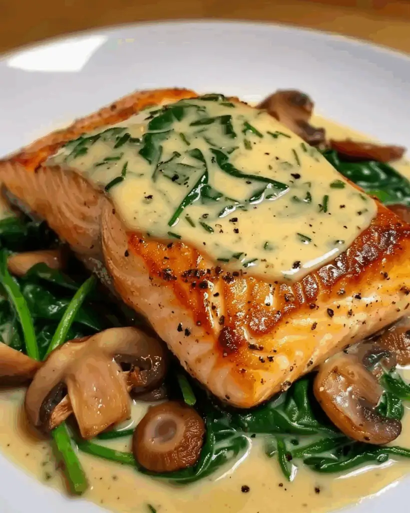Garlic Butter Salmon with Spinach & Mushrooms in Creamy Sauce