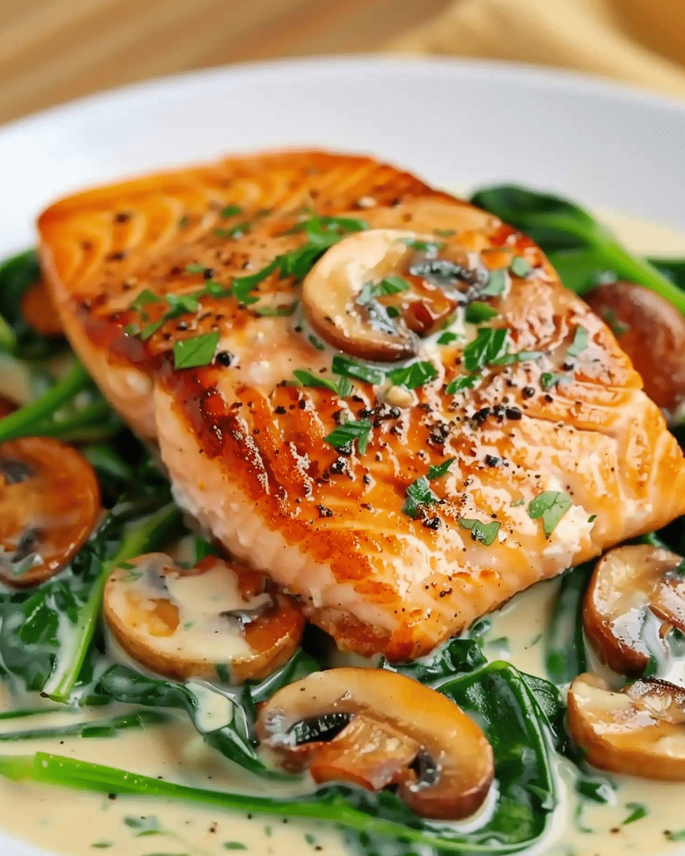 Garlic Butter Salmon with Spinach & Mushrooms in Creamy Sauce