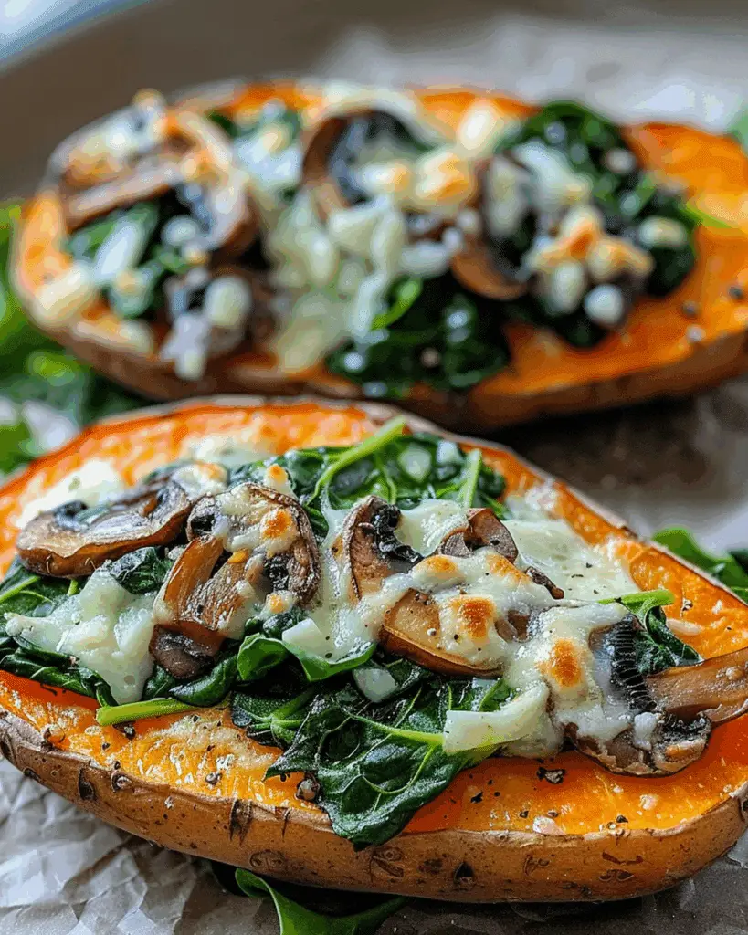 Stuffed Sweet Potatoes with Spinach, Mushrooms, and Cheese