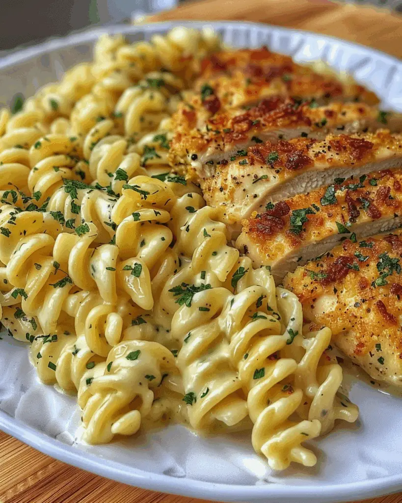 Creamy Garlic Parmesan Chicken with Cheesy Twisted Pasta