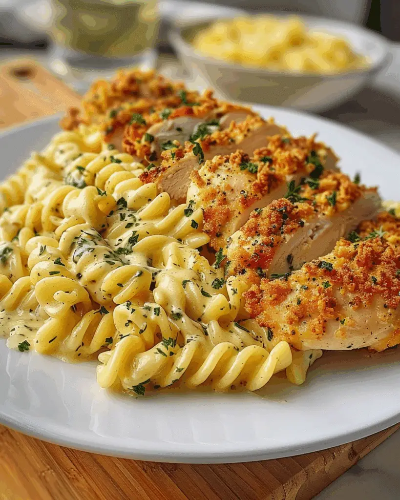 Creamy Garlic Parmesan Chicken with Cheesy Twisted Pasta