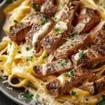 Steak and Creamy Garlic Parmesan Pasta