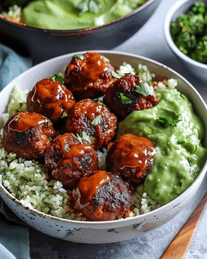 Barbecue Meatball Bowls with Avocado Goddess Sauce
