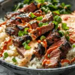 Korean BBQ Steak Rice Bowls with Spicy Cream Sauce