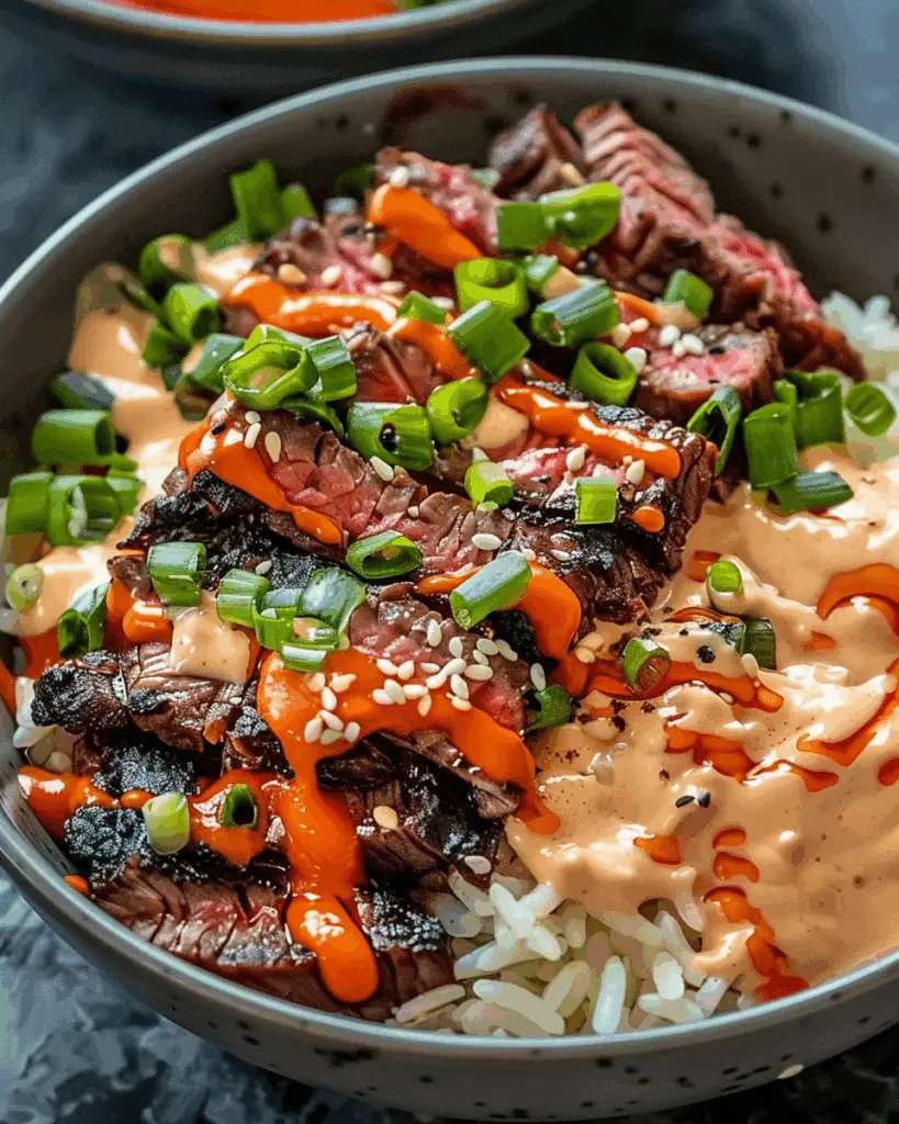 Korean BBQ Steak Rice Bowls with Spicy Cream Sauce