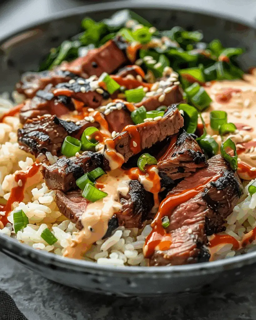 Korean BBQ Steak Rice Bowls with Spicy Cream Sauce