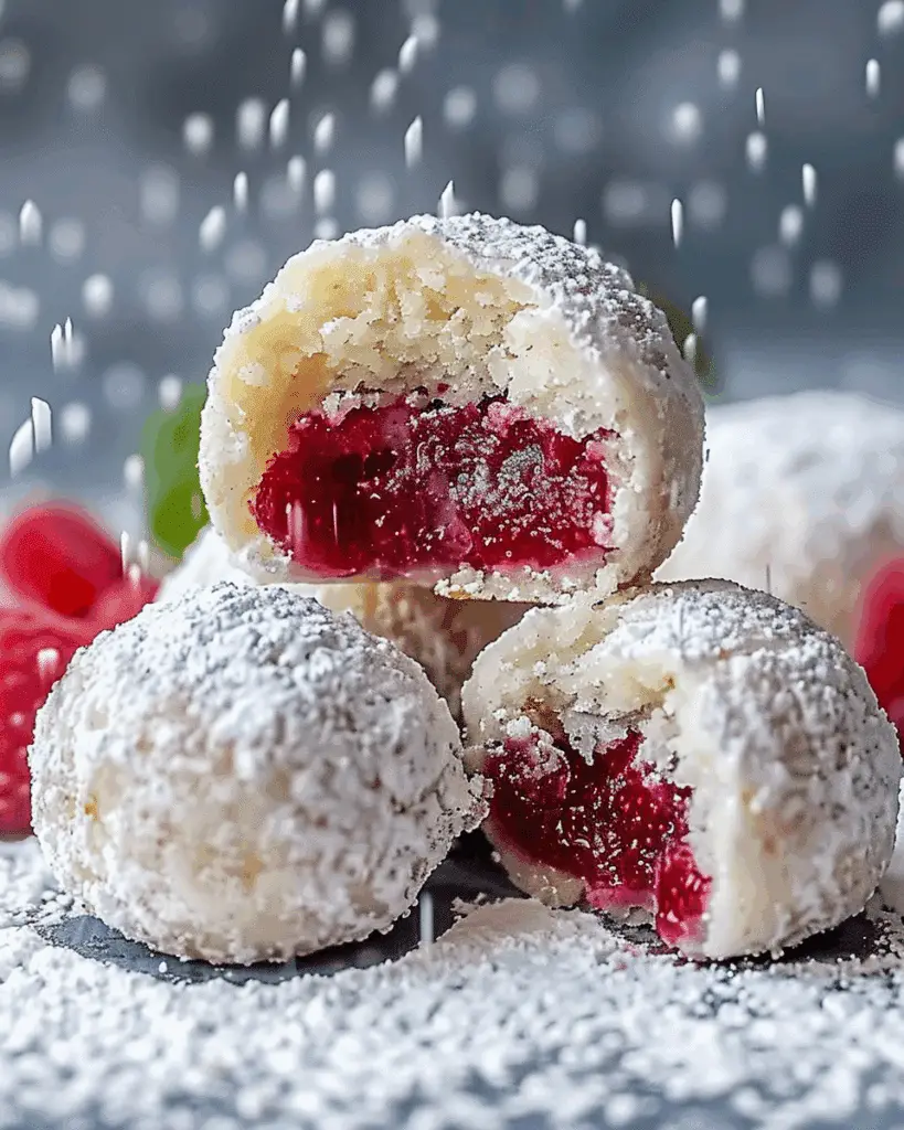 Raspberry Filled Almond Snowball Cookies