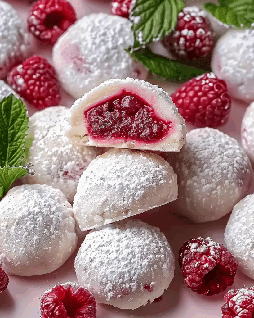 Raspberry Filled Almond Snowball Cookies