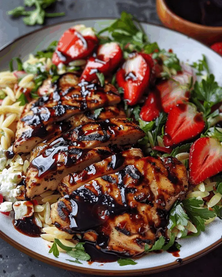 Grilled Chicken with Strawberry Balsamic Glaze & Ricotta Salata Orzo Salad