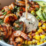 Grilled Shrimp Bowl with Avocado, Corn Salsa & Creamy Garlic Sauce