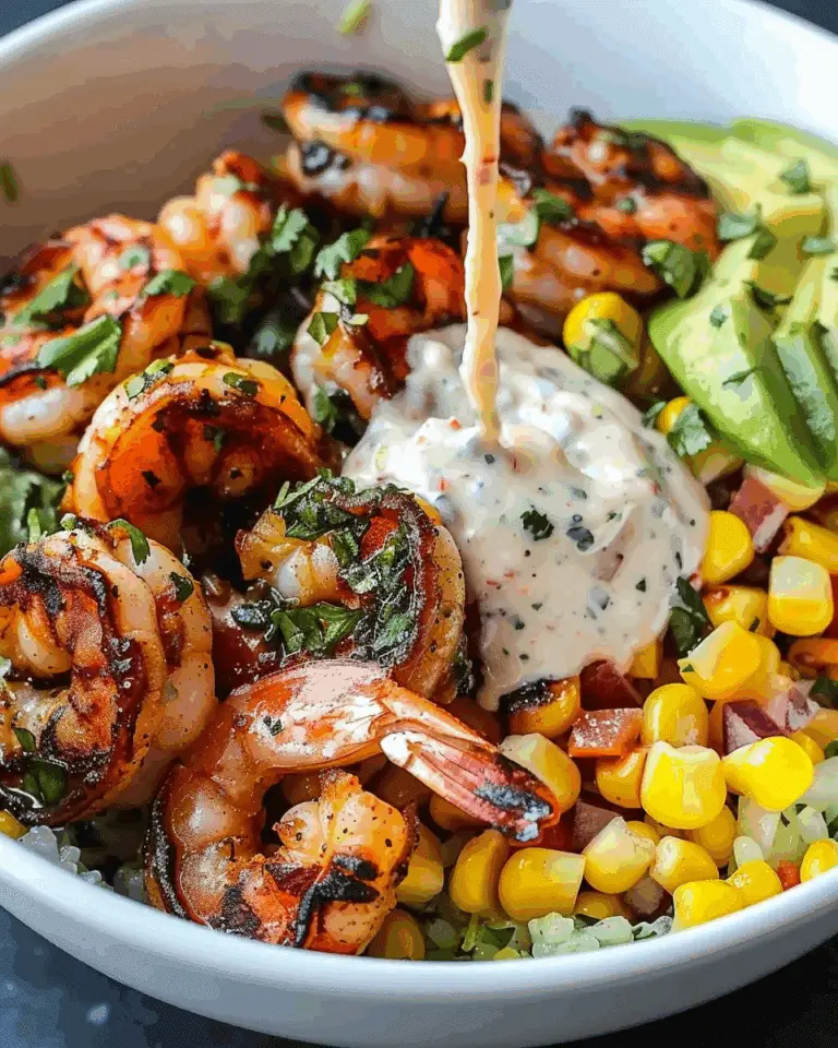 Grilled Shrimp Bowl with Avocado, Corn Salsa & Creamy Garlic Sauce