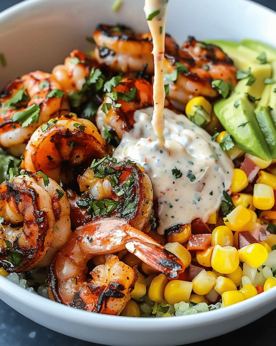 Grilled Shrimp Bowl with Avocado, Corn Salsa & Creamy Garlic Sauce