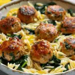 Lemony Chicken Ricotta Meatballs Over Garlic Spinach Orzo
