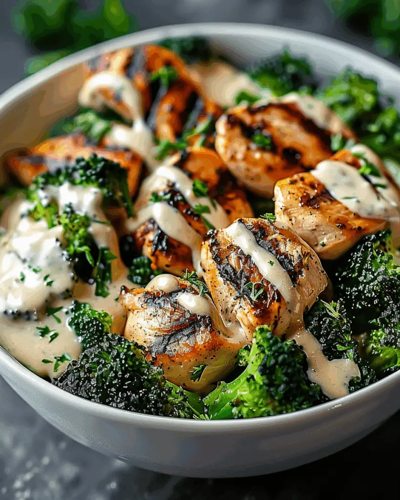 Grilled Chicken & Broccoli Bowls with Creamy Garlic Sauce