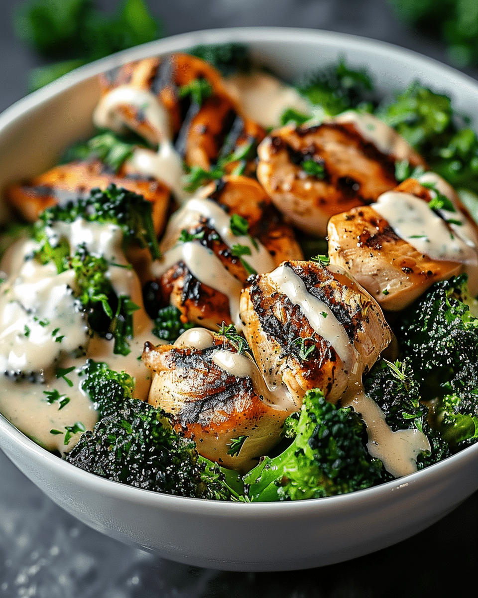 Grilled Chicken & Broccoli Bowls with Creamy Garlic Sauce