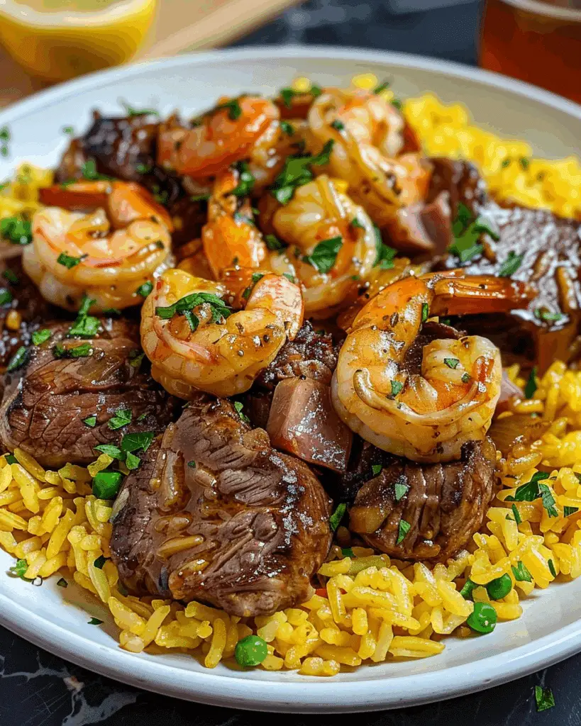 Honey Garlic Steak & Shrimp over Yellow Rice