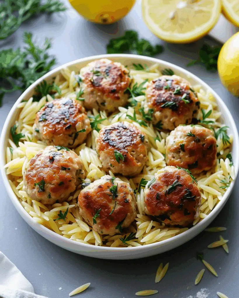 Greek Chicken Meatballs with Lemon Orzo