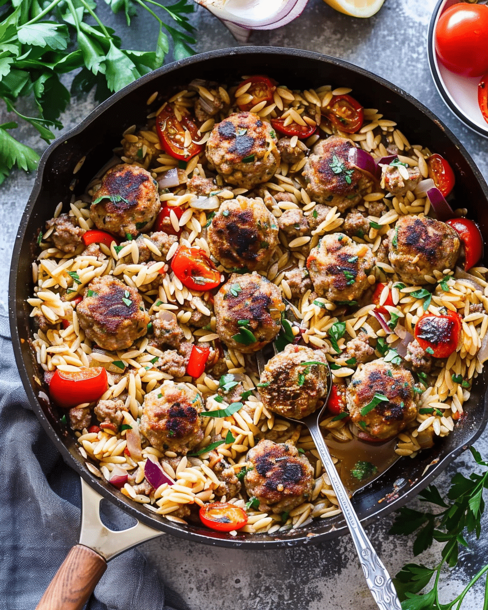 Greek Meatballs and Orzo Skillet
