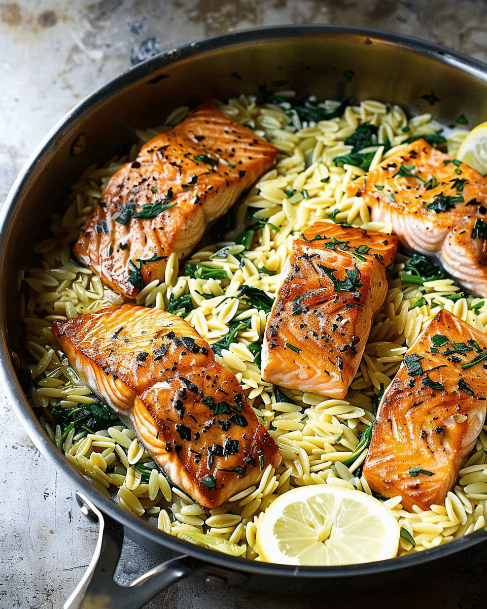 One Skillet Salmon with Lemon Orzo