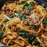 One-Pot Beef and Garlic Parmesan Spinach Pasta