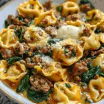 Garlic Butter Tortellini in Creamy Sauce with Beef, Italian Sausage & Spinach