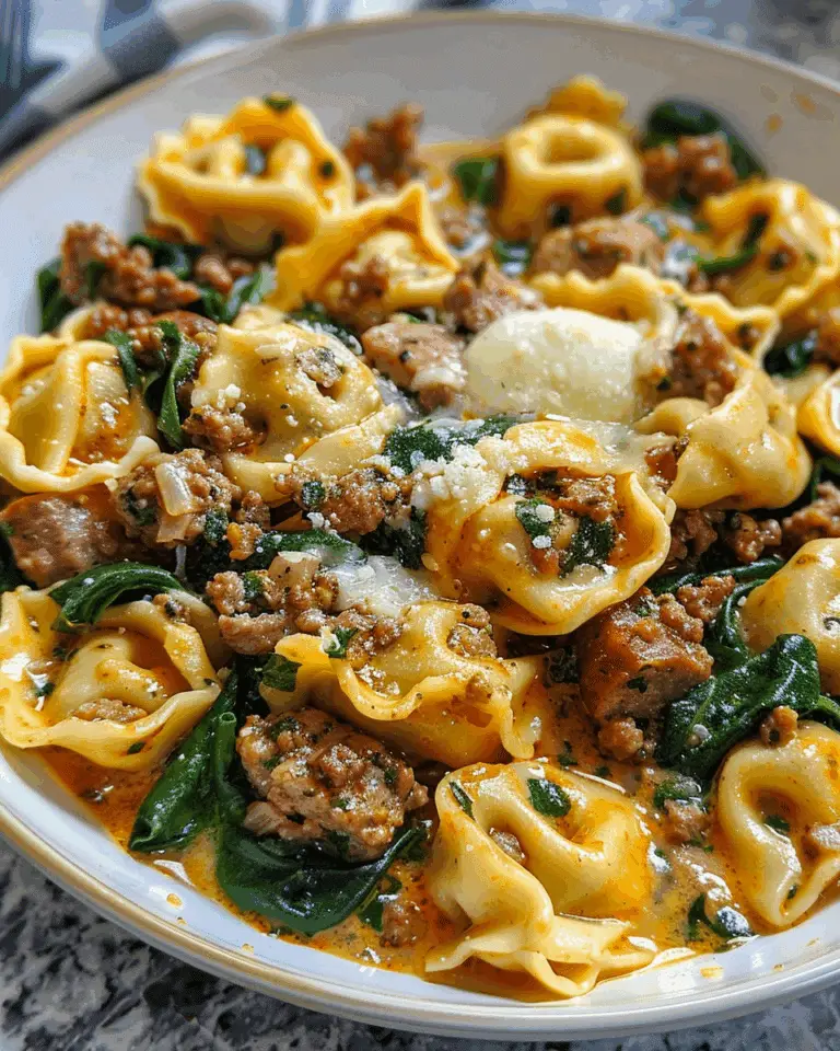 Garlic Butter Tortellini in Creamy Sauce with Beef, Italian Sausage & Spinach