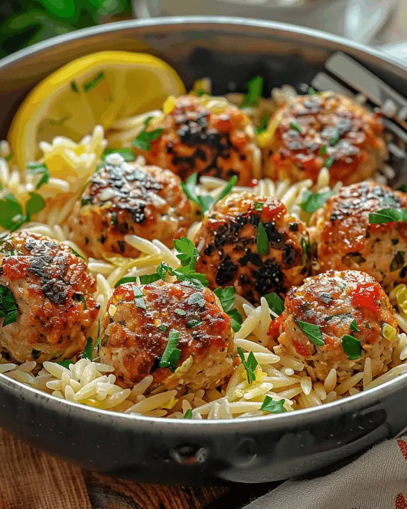 Greek Chicken Meatballs with Lemon Orzo
