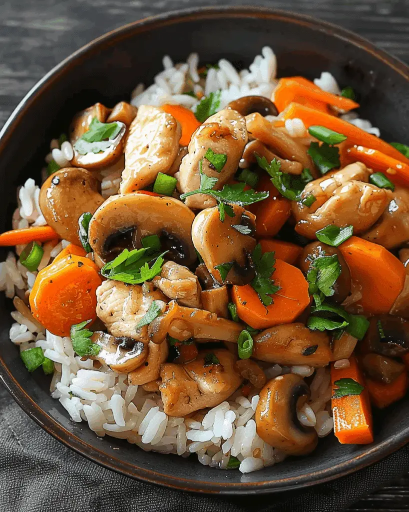 Garlic Chicken Stir-Fry with Mushrooms, Carrots & Rice