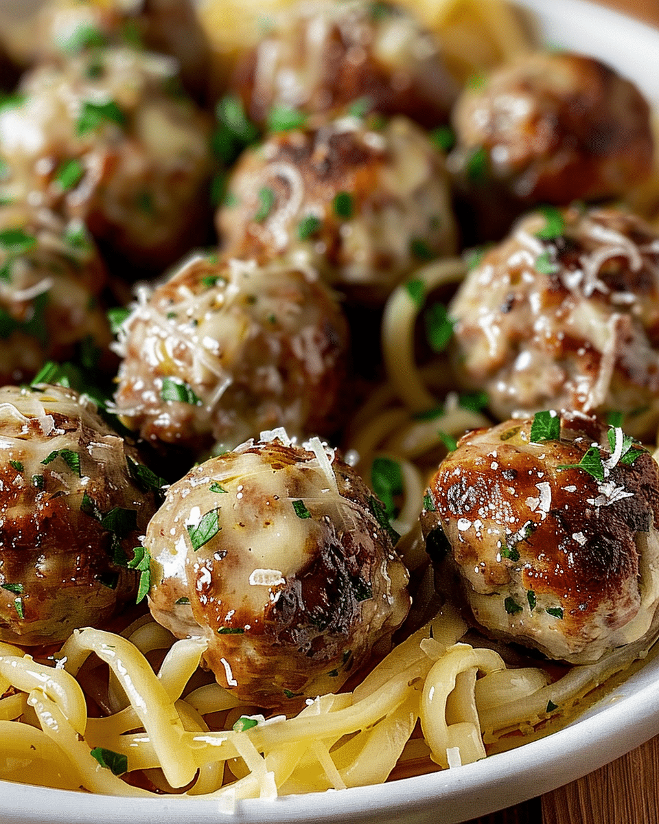 Garlic Butter Meatballs with Creamy Parmesan Linguine
