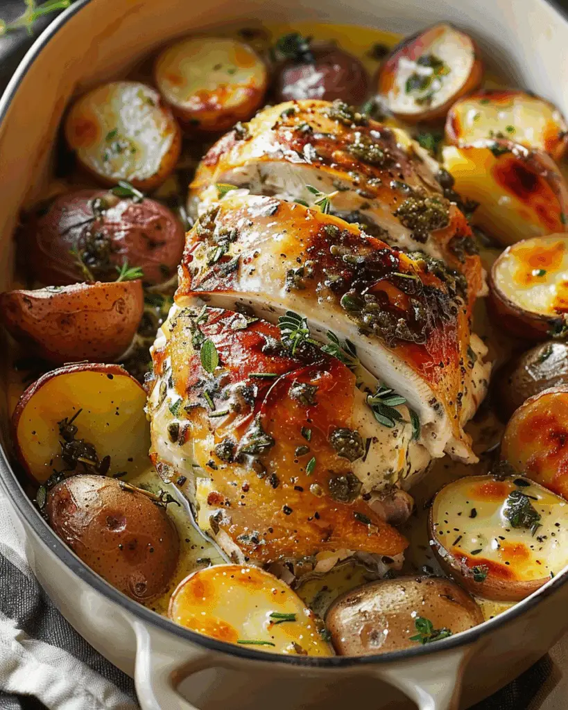 Garlic Herb Roast Chicken with Baby Potatoes in Creamy Butter Sauce