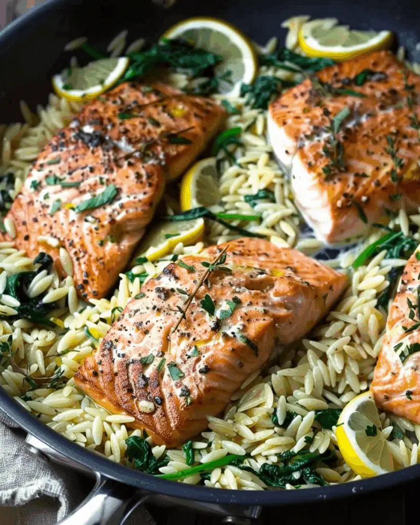 One Skillet Salmon with Lemon Orzo