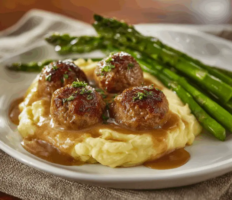Juicy Salisbury Meatballs with Onion Gravy and Creamy Mashed Potatoes