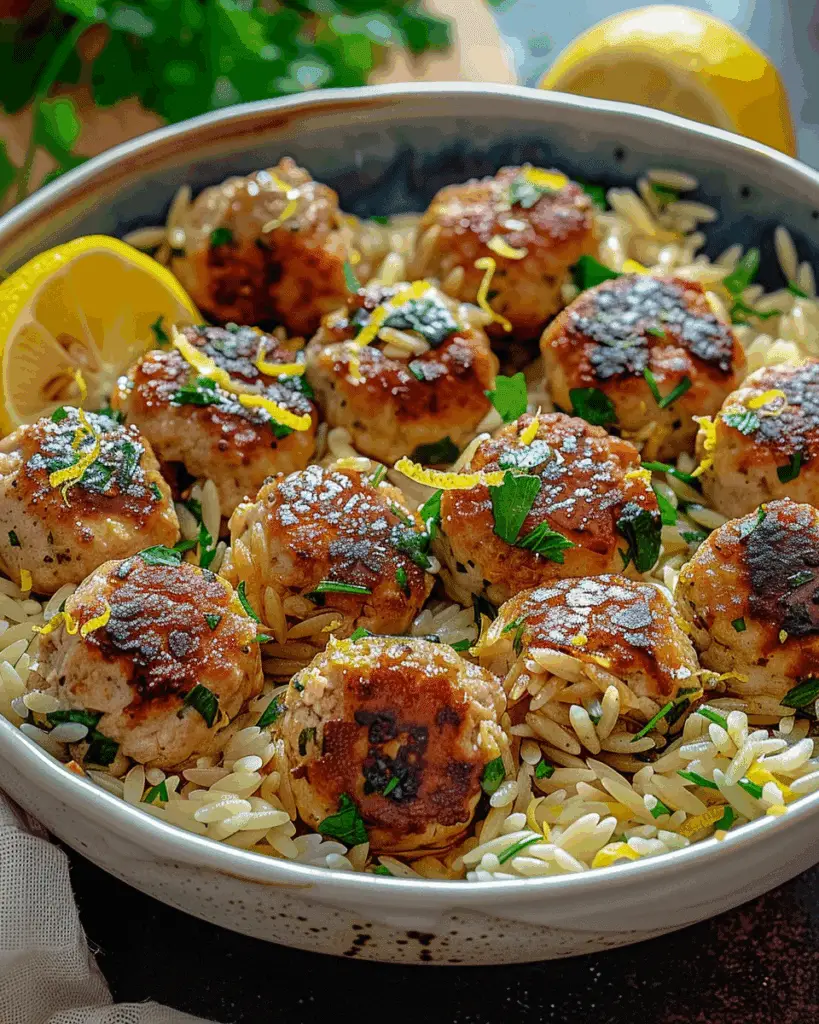 Greek Chicken Meatballs with Lemon Orzo