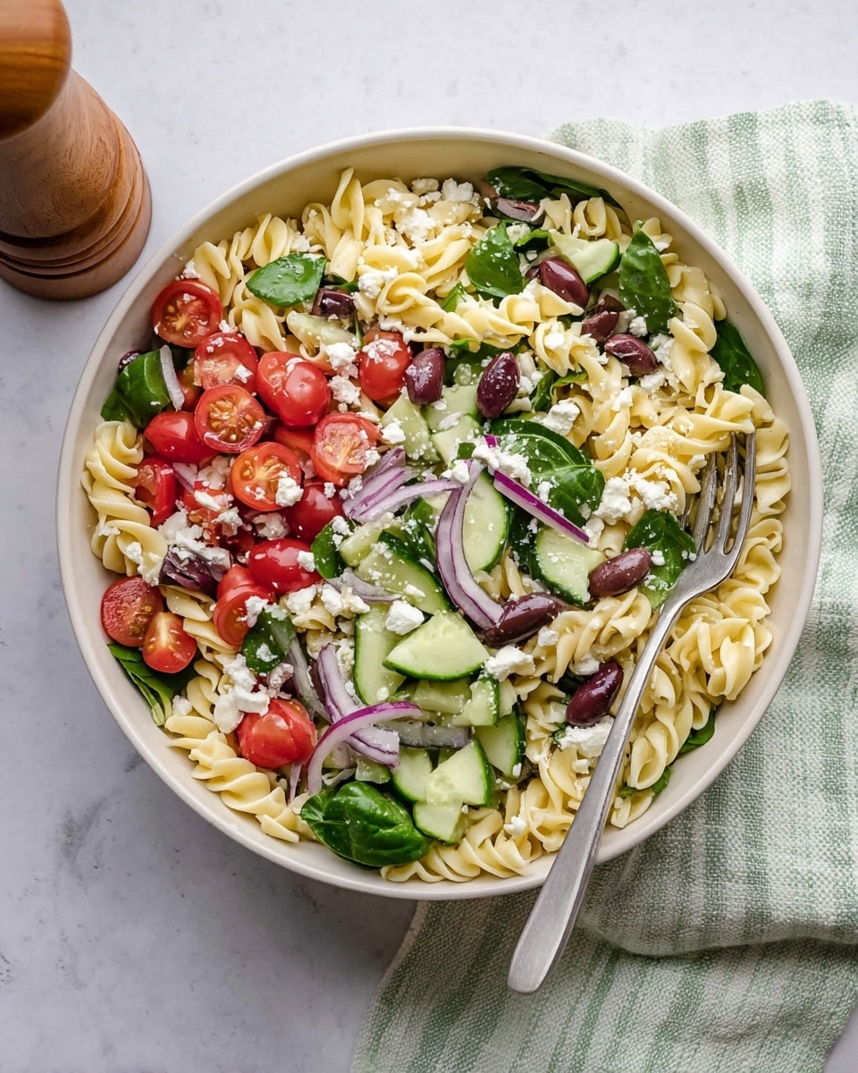 A white bowl filled with a fresh pasta salad that has three main layers: the base layer is light yellow twisted pasta, the middle layer contains bright green spinach leaves, chopped cucumber pieces, halved red cherry tomatoes, and sliced purple olives, while the top layer is sprinkled with small white crumbles of soft cheese and thin strips of light purple onion. A silver fork is resting inside the bowl on the left side. The bowl is sitting on a light green-striped cloth on a white marbled surface with a wooden pepper grinder in the top left corner. photo taken with an iphone --ar 4:5 --v 7